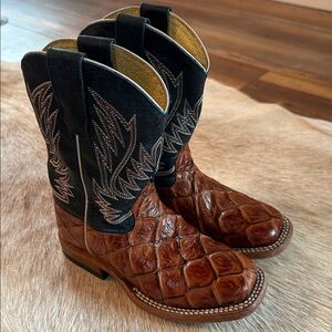 HORSE POWER BOOTS KID'S COGNAC FILET OF FISH SEAS TURQUOISE TOP COWBOY BOOTS.